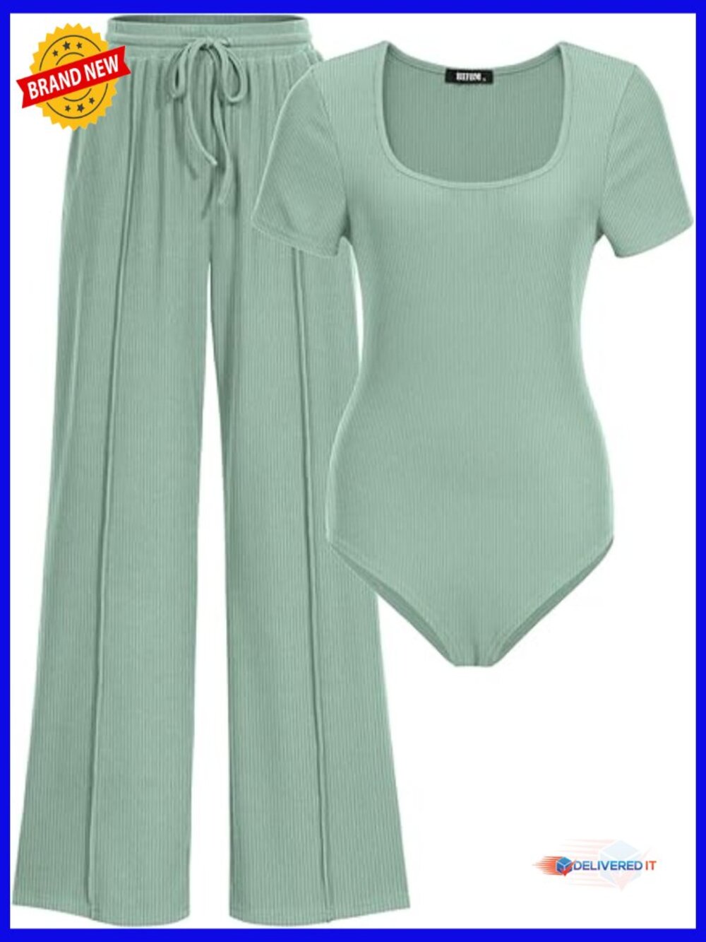 Summer 2 Piece Lounge Set Square Neck Short Sleeve Drawstring Pants Knit